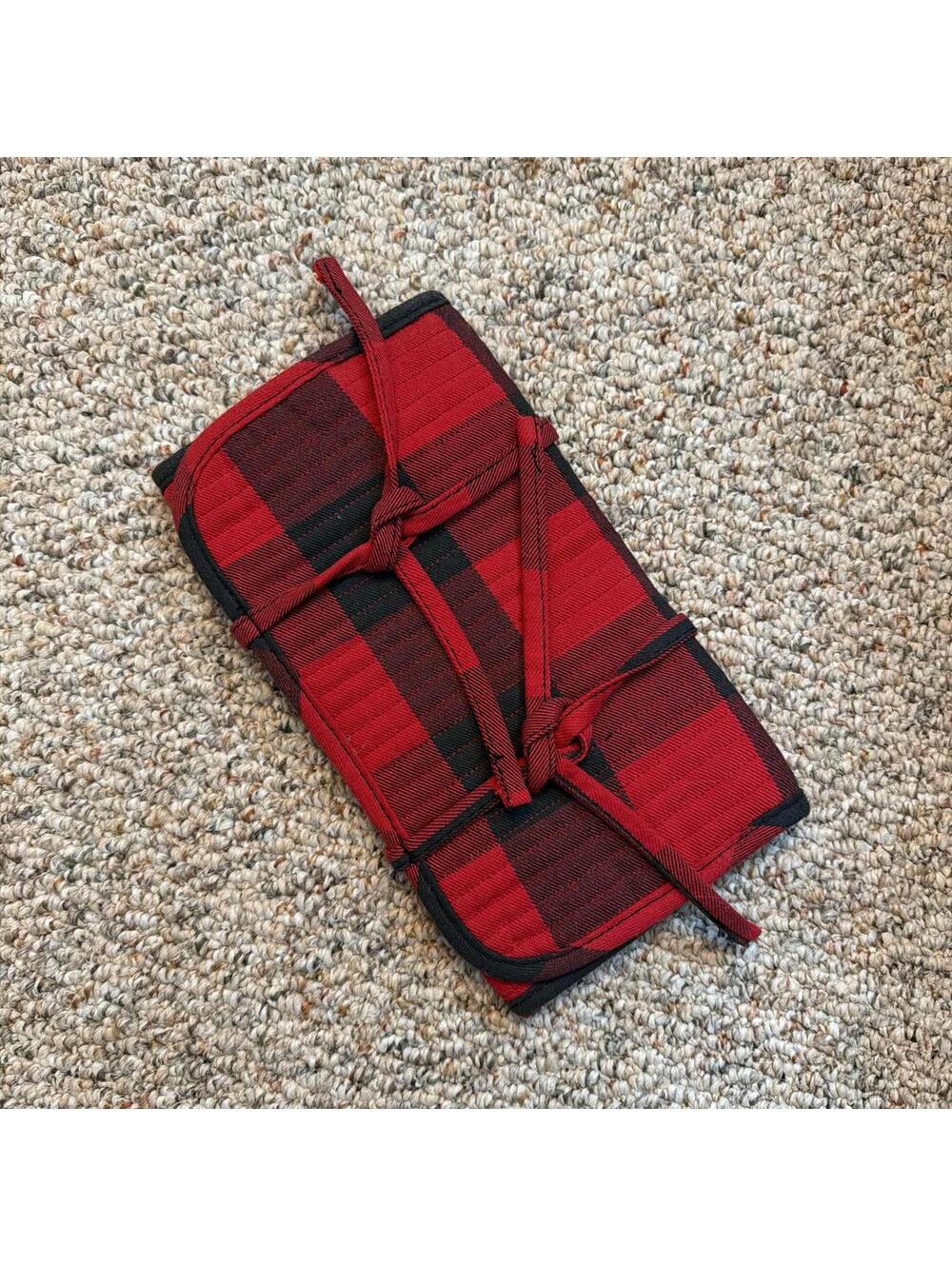 Pottery Barn buffalo plaid Red/black wrap jewelry travel case